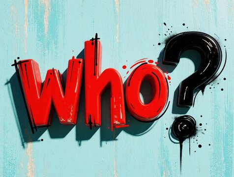 Red bold text says with large black question mark. Hand drawn sketchy font style on light blue wood background. Questioning mystery concept with grunge ink splashes, doodle effect. Typography design
