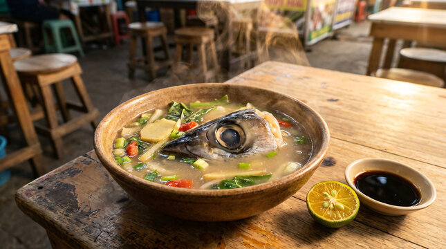 Steaming fish head soup with ginger, scallions and red chili in a rich savory broth.
