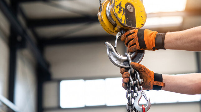 Worker wearing orange gloves holding a crane hook and chain attached to a yellow hoist in an industrial warehouse