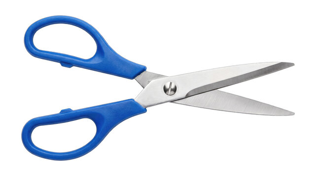 Blue handle scissors with open stainless steel blades png, isolated on a transparent background
