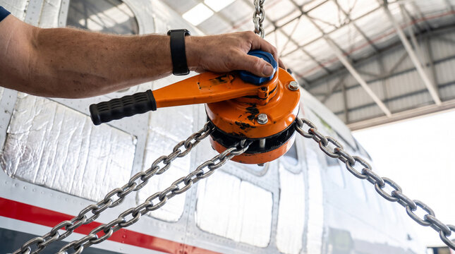Close-up of a technician operating an orange chain hoist to lift an aircraft fuselage component in a hangar