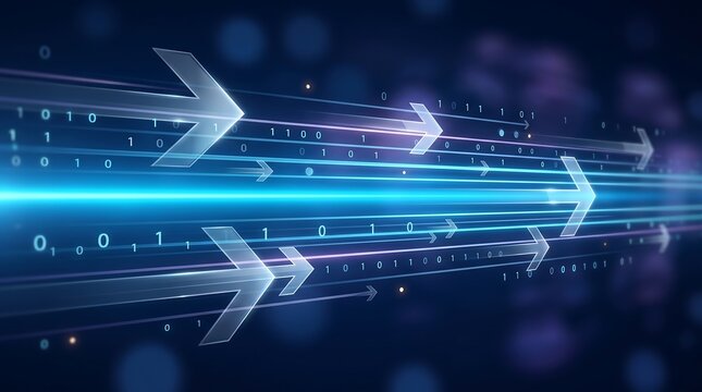 Fast information processing and digital data flow with glowing glass arrows and binary sequences symbolizing rapid business growth and technological advancement in networking
