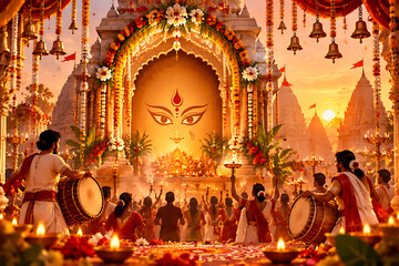 Fototapeta premium Traditional Hindu Durga Puja celebration with decorated temple entrance, glowing diyas, floral arrangements, devotees, drums, and spiritual festive atmosphere at sunset
