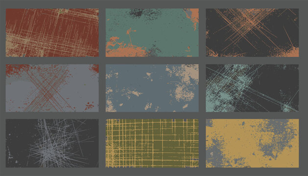 Grid collection of nine colorful distressed grunge background texture cards with scratches and paint splatters.
