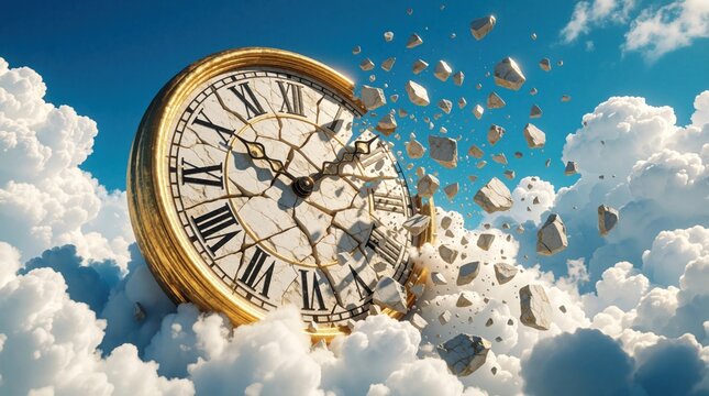 Surreal fractured clock face explodes into pieces in clouds and blue sky. Fragments fly outwards representing lost time or memories. Time concept with copy space.