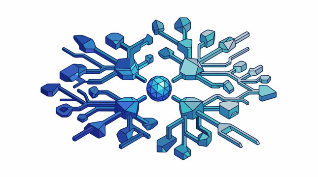 Abstract digital snowflake illustration with geometric blue circuit board patterns.