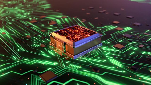 Microchip and Circuit Board Close Up High Tech Processor Motion Graphics Loop in 4K