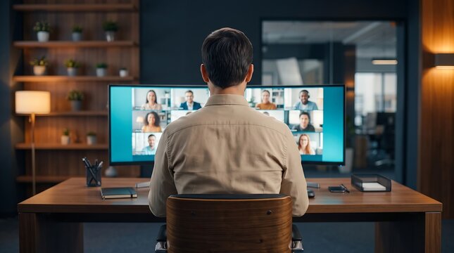 Professional man working from home office sitting in front of dual monitors during virtual conference meeting with remote team members for corporate communication and digital project