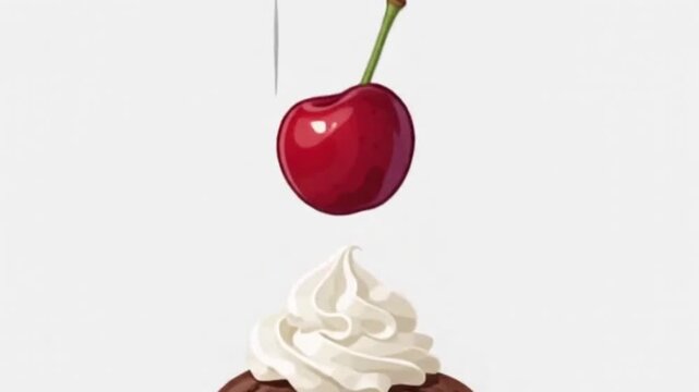 Animated illustration of a cherry dropping onto whipped cream topping a chocolate ice cream sundae, concept of classic dessert and sweet treat on white background