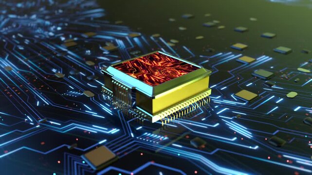 Microchip and Circuit Board Close Up High Tech Processor Motion Graphics Loop in 4K