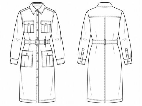 a black and white vector technical flat sketch of a women's belted utility shirt dress