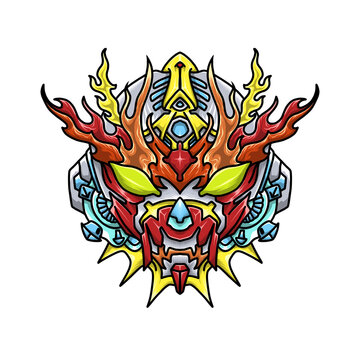 Futuristic Mecha Monster Mask Illustration,  Cyberpunk Robot Head Vector Art, Japanese Oni Mecha Cyberpunk Mascot Illustration