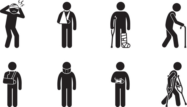 Injury icons set depicting wounded people with crutches and casts