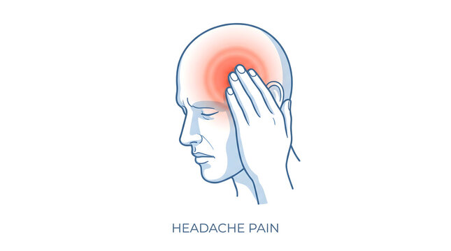 Profile vector illustration of a man touching his temple, suffering from a severe migraine, headache pain, or stress. Highlighted with a red circular inflammation pain