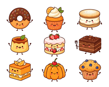 Group of cute smiling dessert characters featuring donuts cupcakes and layered cakes with strawberry decorations showing happy faces for bakery menus and confectionery branding projects for kids
