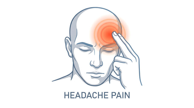 Frontal view line art vector illustration of a man touching his forehead in discomfort, experiencing a severe migraine, sinus pressure, or fever pain.