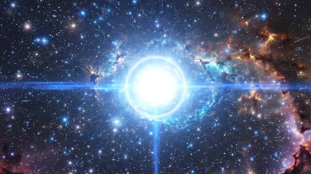 Dynamic glowing white star explosion and supernova flash in deep