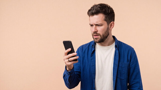 Confused man looking at smartphone screen with skeptical expression on beige background.