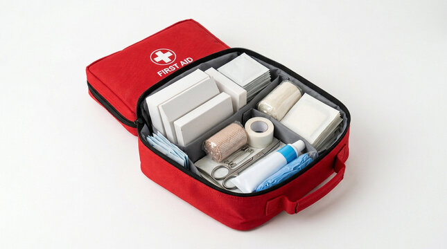 Open Red First Aid Kit with Essential Medical Supplies