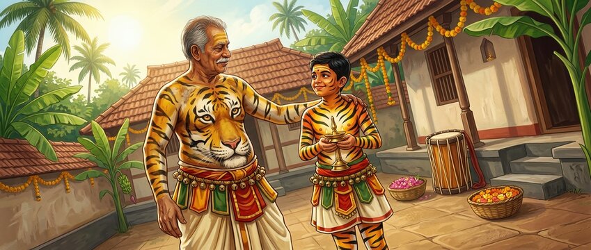 Senior man and young boy with painted tiger bodies celebrating cultural folk event outdoors near traditional houses during sunny daytime