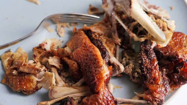 Close up of leftover chicken bones and scraps of meat on a plate with a fork after a meal. High quality 4k footage