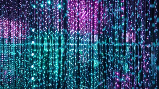 Vertical hanging LED light strings shining and changing colors in immersive digital art light