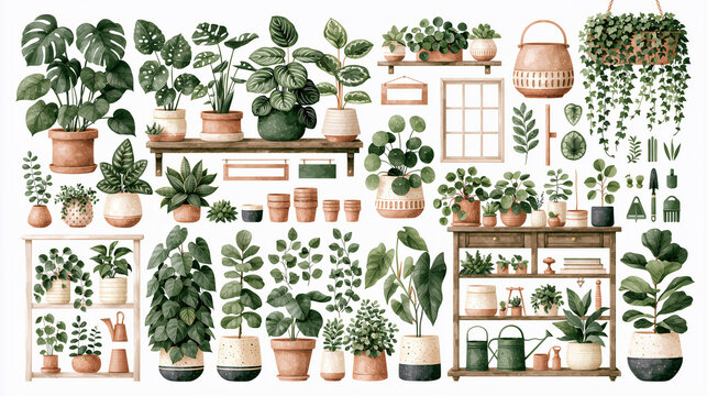 Watercolor illustration set of various potted houseplants and gardening tools isolated on white background