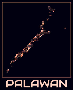 Palawan digital style map. Small square dots on dark background. Dotted shape of the island. Palawan map and title. Classy vector illustration.