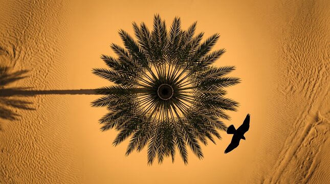 Top down aerial view of single palm tree on orange desert sand dunes with bird silhouette
