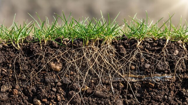 Horizontal cross-section view of green turf grass and underground root system in fertile soil layers