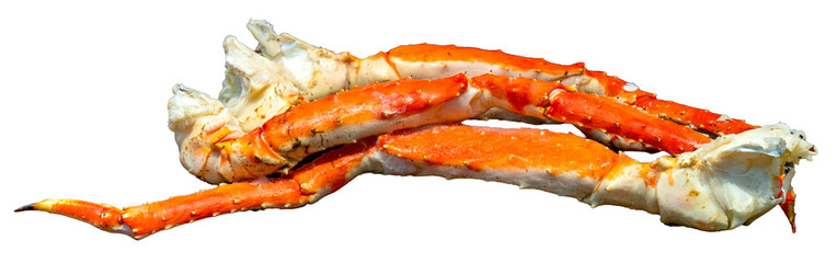 Fresh cooked king crab legs isolated. Premium seafood delicacy with bright orange shell and succulent white meat. Ideal for restaurant menus, food packaging or culinary designs. © sirawut