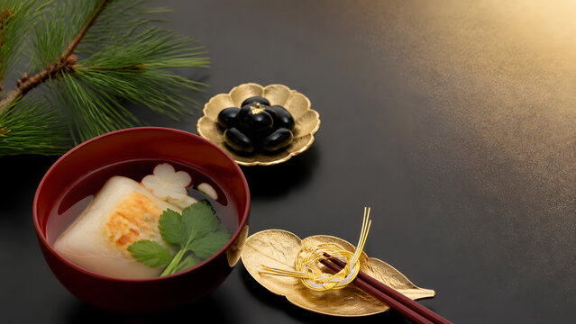 雑煮と黒豆を添えた新年の和食膳