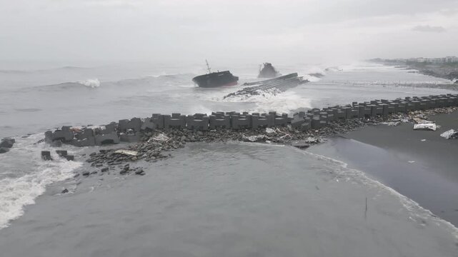 Aerial Footage Of Large Shipwreck In Stormy Waves And Seas