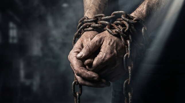 Close-up of hands tied with chains, human trafficking concept