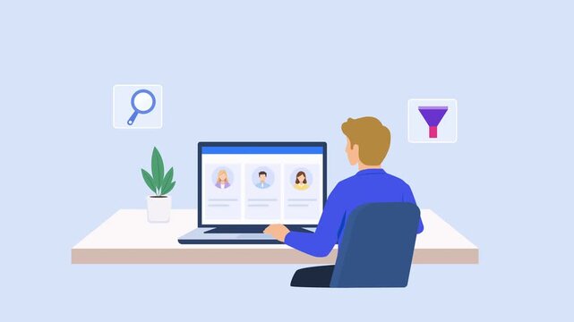Animated video showing a person working at a desk with a laptop displaying customer profiles, surrounded by search and filter icons on a soft blue background.
