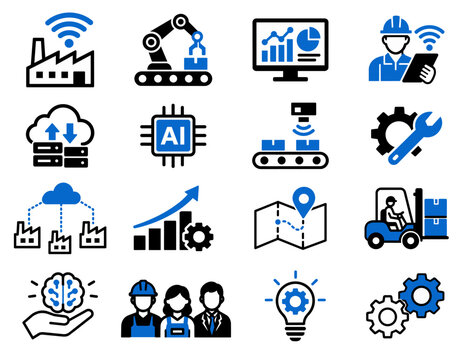 Manufacturing DX, Smart Factory and AI Automation Icon Set
