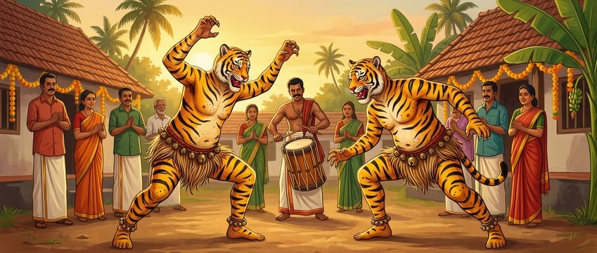Traditional Indian tiger dance street performance during regional harvest festival celebration