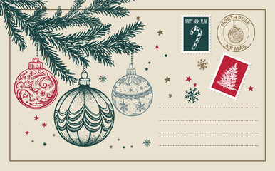 Obraz premium Vintage Christmas Postcard with ball and Stamps 