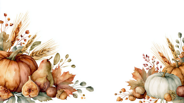 Watercolor autumn harvest border with pumpkins, pears, figs, wheat, and fall leaves on a white background