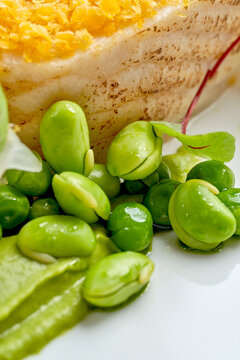 Macro detail of a crust-topped fish fillet served with green pea puree, edamame, and sauce on a white plate.