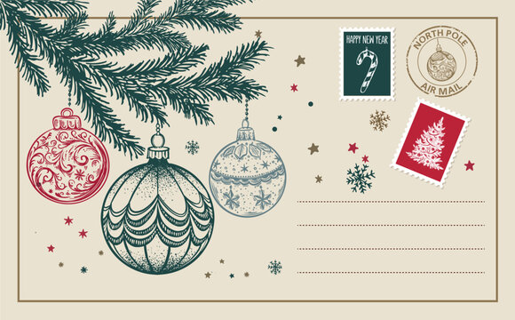 Vintage Christmas Postcard with ball and Stamps	
