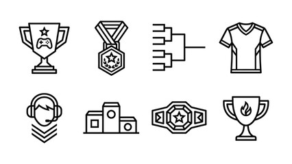 Gaming Tournament Icons: A collection of stylized line art icons representing elements of a gaming tournament, including a trophy, medal, bracket, jersey, headset, podium, championship belt. © Nirob