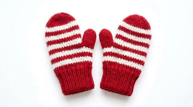 Pair of cozy red and white striped winter mittens isolated on white background.