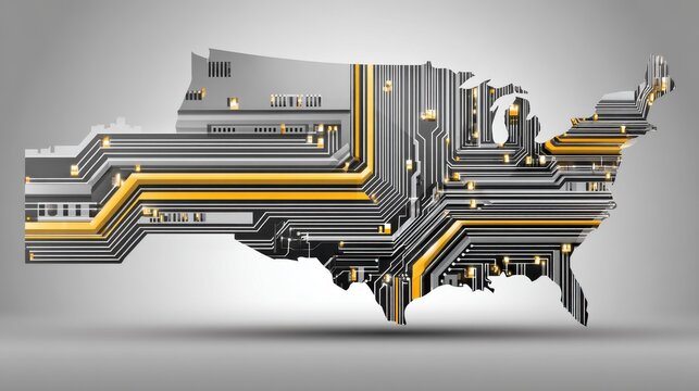 United States map visualized as complex digital circuit board with glowing lights. United States is depicted as intricate electronic circuit board symbolizing technology and connectivity across nation