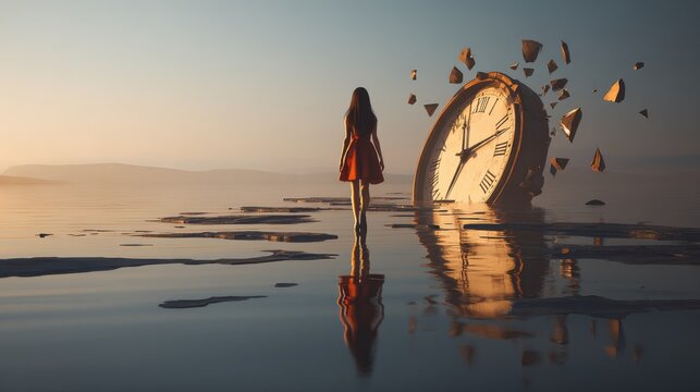 Woman walks on water towards giant clock shattering into pieces. Surreal scene depicts lone woman in red dress walking across calm body of water towards colossal antique clock that is breaking apart