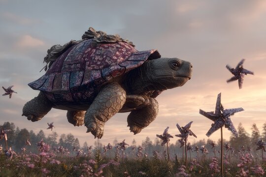 Giant turtle wearing a floral patterned cape floats over a dreamlike meadow with pinwheels at sunset, surreal digital art.