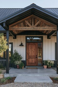 Covered entry porch of a barndominium with black metal roof and warm cedar door, golden hour light