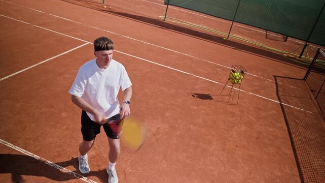 Young adult Caucasian man practicing tennis swing on clay court in high angle slow motion. Footage suited for athletic apparel marketing and sports training promotions