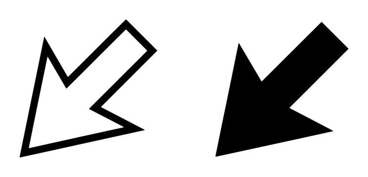 Diagonal Down-Left Arrows: Outline and Solid Black Vector Icons for Directional Cues, Navigation, and Data Trends