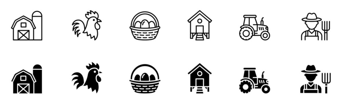 Farm and agriculture vector icon set featuring barn, rooster, egg basket, tractor, and farmer symbols in line and filled styles for web UI design.